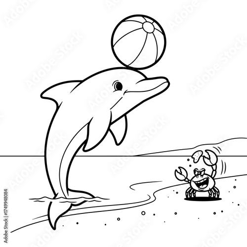 A cheerful cartoon scene depicting summer vacation fun. A dolphin and a crab are enjoying a playful day at the beach. This vector illustration is perfect for travel and tourism promotions.