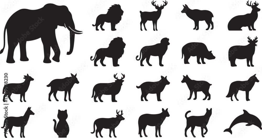 Fototapeta premium Wild Animal Silhouettes Vector Set: Elephant, Lion, Deer, and Diverse Wildlife Collection