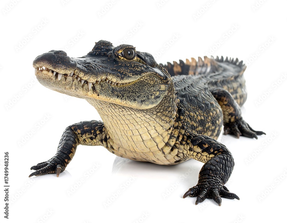 Naklejka premium A frontal studio shot of a young reptile with a long body, sharp teeth, and textured skin, isolated on a white background