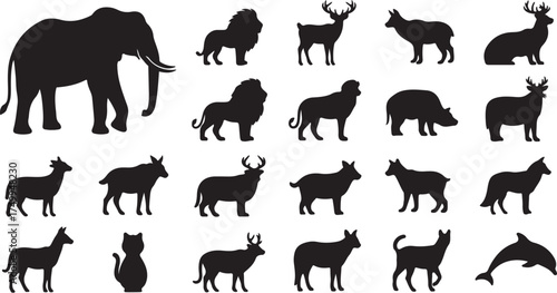 Wild Animal Silhouettes Vector Set: Elephant, Lion, Deer, and Diverse Wildlife Collection