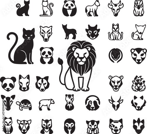 Wild Animal Icon Set Vector – Silhouette and Line Art Collection of Lion, Cat, Panda, Wolf, Tiger, and Fox Faces