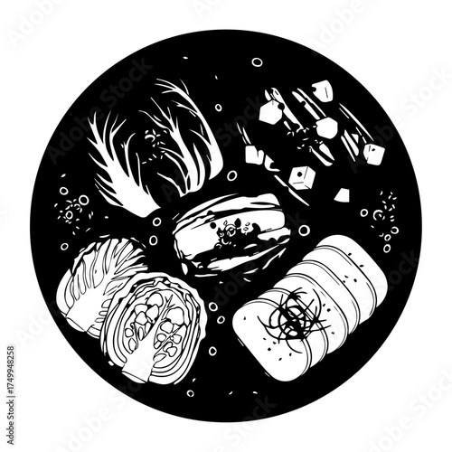 Artistic Black and White Illustration of Various Freshly Prepared Food Ingredients.