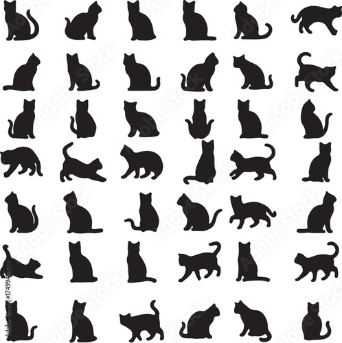 Cat Silhouettes Vector Icon Set: Black Kittens in Various Poses, Pets, and Animal Shapes.