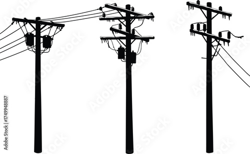 Silhouette of utility poles with transformers, insulators, icy power lines, cold weather infrastructure, electricity distribution, urban landscape, high voltage grid