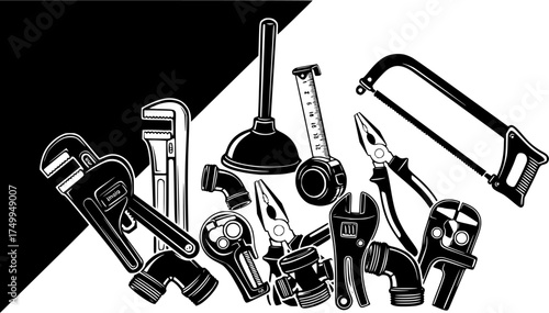 Plumbing tools silhouette, Plumbers equipment silhouettes set
