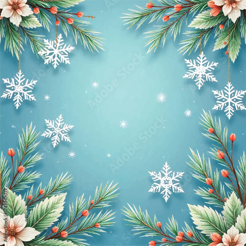 christmas background with fir branches and snowflakes