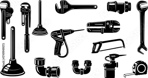 Plumbing tools silhouette, Plumbers equipment silhouettes set