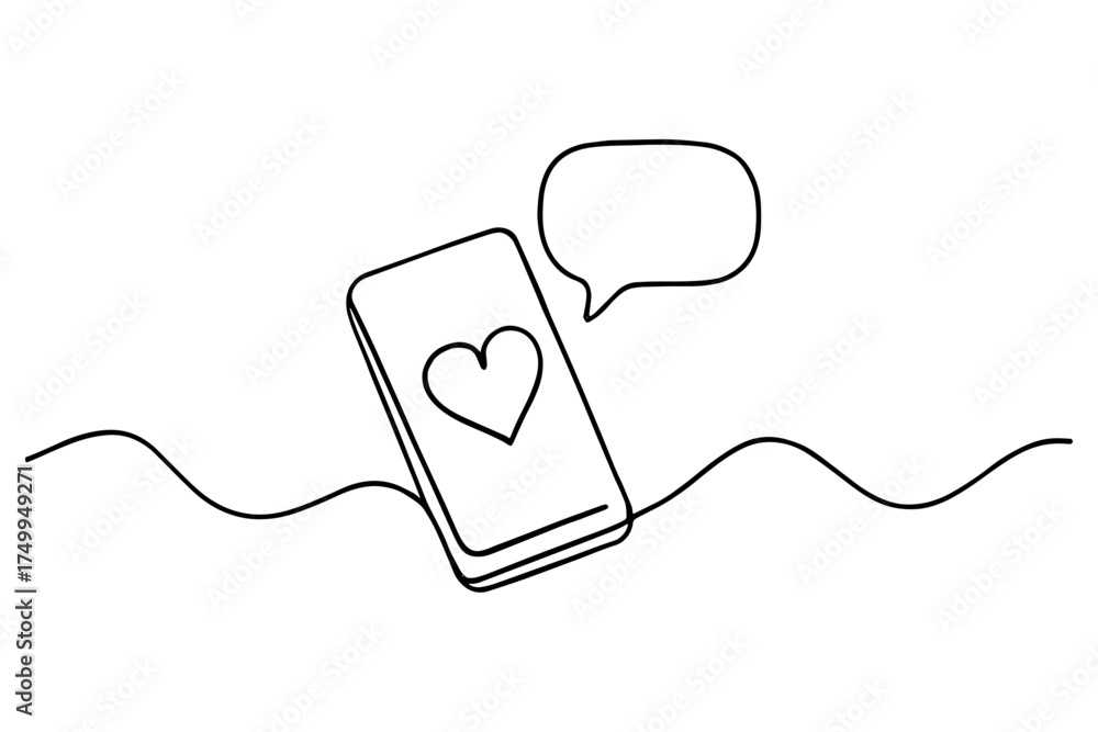 Obraz premium Continuous Line Drawing of Smartphone with Heart and Speech Bubble, Elegant Black and White Illustration Symbolizing Love and Connection