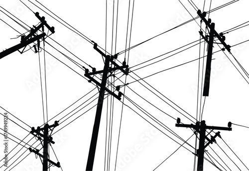 Silhouette of utility poles with transformers, insulators, intersecting power lines, complex urban grid, electricity distribution, industrial infrastructure, high voltage network