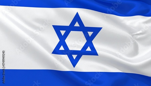 Israel national flag with white field, two horizontal blue stripes, and central blue Star of David—symbolizing Jewish identity, heritage, and national unity.