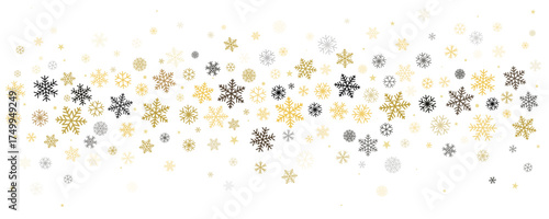 Christmas snowflakes frame. Winter gold snow falling minimal border, greeting card. Noel subtle background. Vector illustration