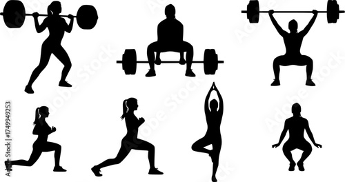 Woman weightlifting silhouettes, Woman fitness exercise silhouettes set