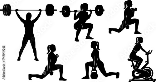 Woman weightlifting silhouettes, Woman fitness exercise silhouettes set