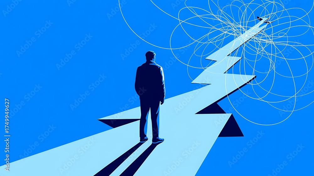 Obraz premium A silhouetted figure standing on a path to success amidst complicated thoughts and decisions