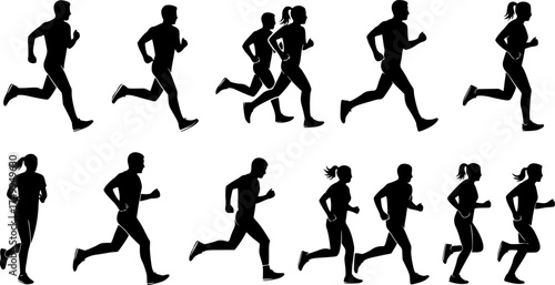 Running people silhouettes collection, Running man and woman silhouettes set