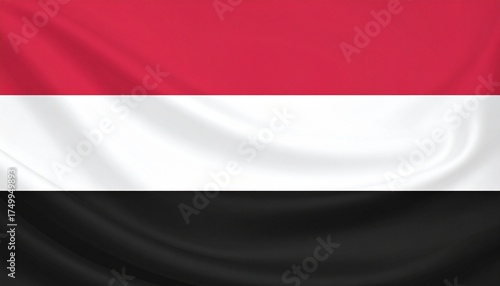 Yemen national flag with horizontal red, white, and black stripes—symbolizing sacrifice, hope, and national unity.