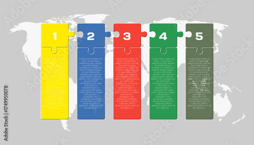 Five steps line infographic, color puzzle diagram