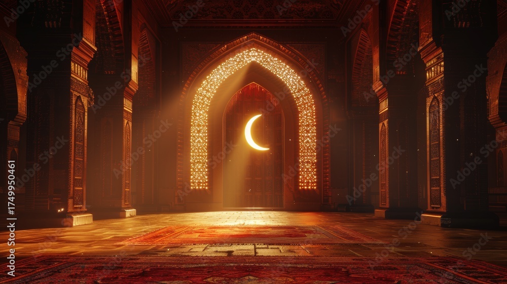 Obraz premium Opulent Mosque Interior Illuminated by Crescent Moon Symbolizing Hope and Faith Warm Glowing Light Shining Through Ornate Architecture Details