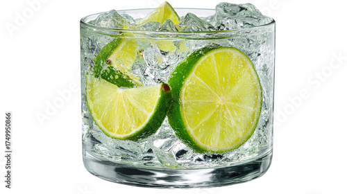 Gin tonic with sliced lime and ice in glass isolated on transparent white background