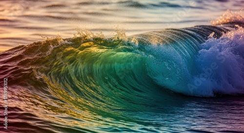 Fototapeta Naklejka Na Ścianę i Meble -  Vibrant Ocean Wave with Rainbow Hues at Sunset