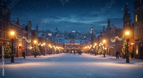 Christmas Town at Dusk - Festive Winter Scene with Snow and Decorations