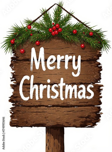 Rustic wooden sign reading “Merry Christmas” in white script, topped with green pine branches and red berries — a charming, traditional holiday greeting.