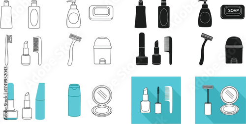 Vector illustration of beauty products and personal care accessories