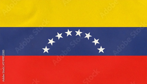 Venezuela national flag with yellow, blue, and red horizontal stripes and arc of eight white stars—symbolizing wealth, independence, and unity.