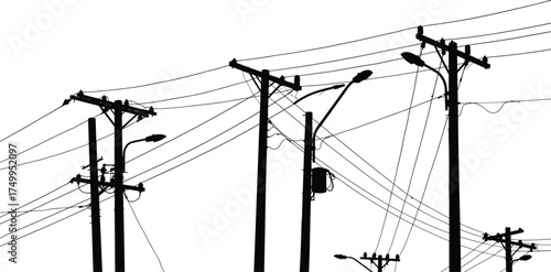 Silhouette of utility poles with transformers, streetlights, crossarms, power lines, electricity distribution, urban infrastructure, industrial landscape, high voltage grid