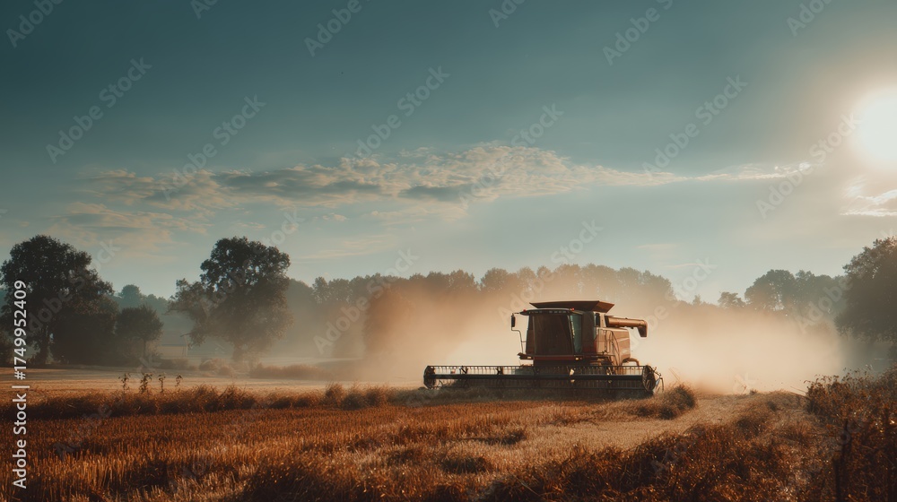Obraz premium Combine Harvester in Harvested Field with Dust Clouds and Warm Sunlight