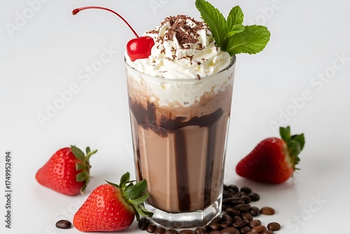 Chocolate milkshake with whipped cream cherry mint and strawberries on white background