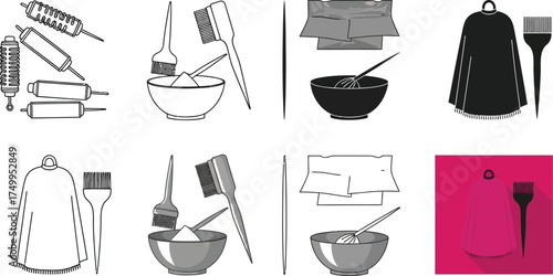 Hair dye kit vector illustration coloring tools set for salon use