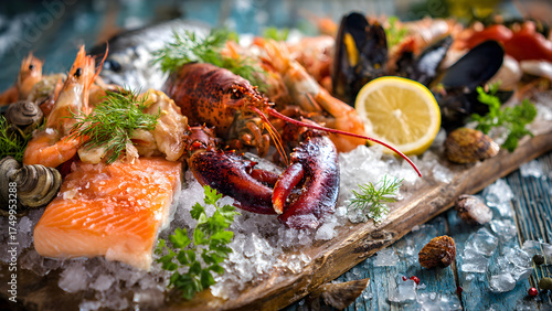 many kind of seafood served with crushed ice on wooden table