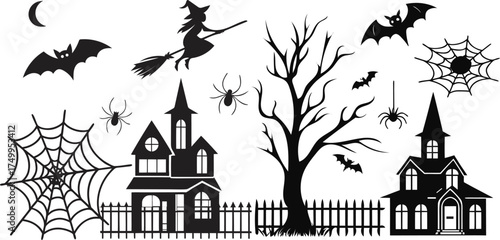 set of Halloween icons, Big set of halloween silhouettes black icon and character. Design of witch, creepy and spooky elements for halloween decorations, sketch, icon, sticker. Hand drawn vector solat