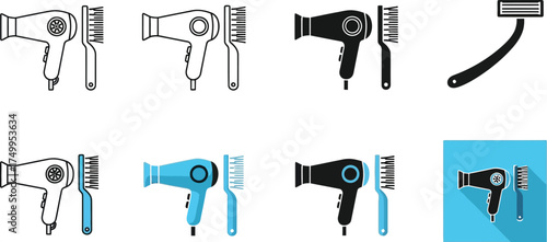 Hair dryer and brush vector icons set salon equipment and razor blade