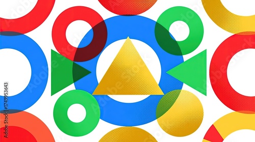 A vibrant, abstract pattern of overlapping Google-colored circles and triangles — playful, modern, and symbolic of connectivity, technology, or creativity in bold, graphic design.