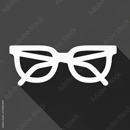 A sleek white icon of modern glasses with a long shadow on dark gray — minimalist, stylish, and symbolic of vision, intellect, or fashion in flat design style.