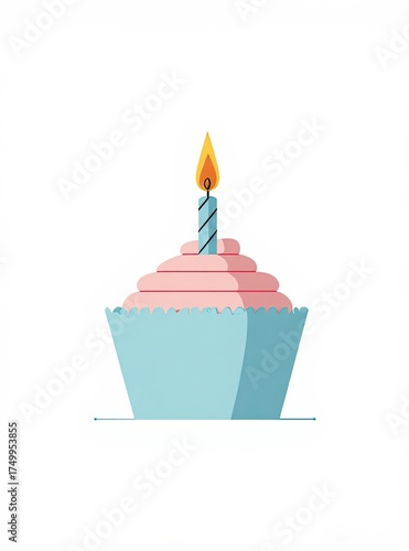 A cute pink cupcake in a blue wrapper with one lit candle — simple, cheerful, and perfect for birthday celebrations or sweet-themed designs in flat illustration style.