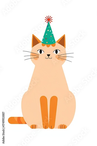 A cute orange cat sits upright wearing a festive green party hat with a red pom-pom — playful, cheerful, and perfect for birthday cards or celebration-themed designs.
