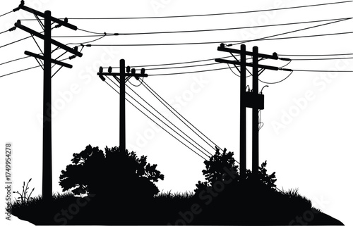 Silhouette utility poles with power lines, electrical distribution network, energy infrastructure, industrial landscape, rural countryside, electricity grid, high voltage wires, dramatic sky