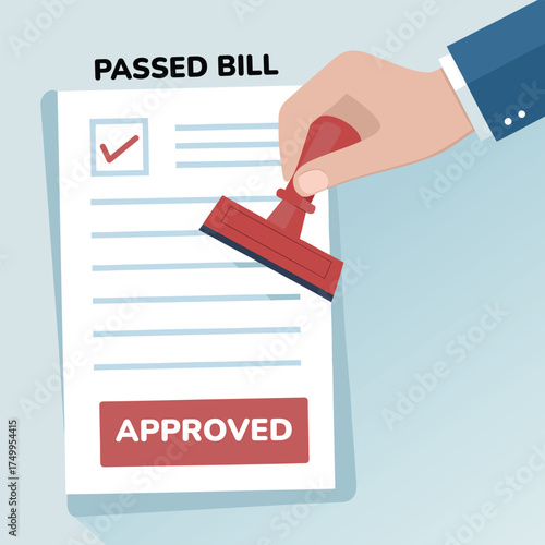 Approved Document Stamp Vector – Hand Holding Red Rubber Stamp on Paper in Flat Minimal Style
