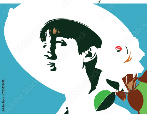 Stylized graphic illustration of a young person's profile with a rose and blue background face head