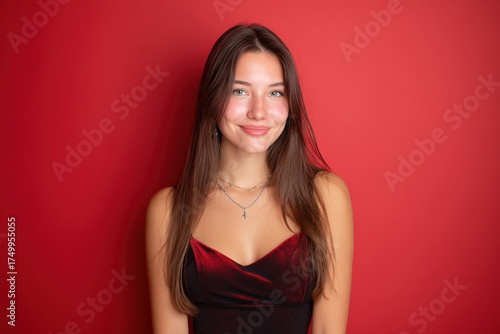 Wallpaper Mural Elegant Woman in Formal Dress Smiling Against Bold Red Background Torontodigital.ca