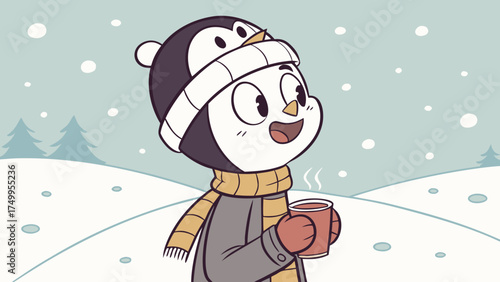 Cartoon boy with penguin mask and scarf enjoying hot chocolate in snowy scene vector