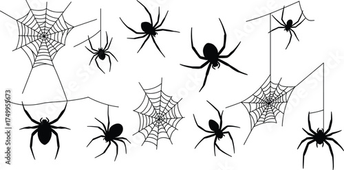 Spider and web silhouette vector set showing detailed spiders, webs, and hanging threads, perfect for Halloween design, insect illustration, and nature art decoration