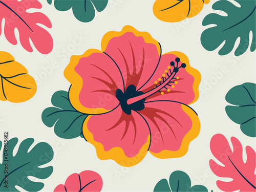 Pink hibiscus flower with yellow border surrounded by tropical leaves in coral green and yellow on a light cream background