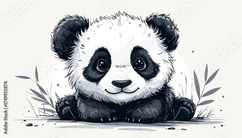 Baby panda sitting among bamboo leaves