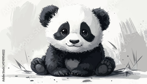 Baby panda sitting in grass with soft background