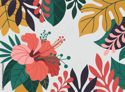 Coral pink hibiscus flower with dark green and mustard yellow leaves on light gray background floral