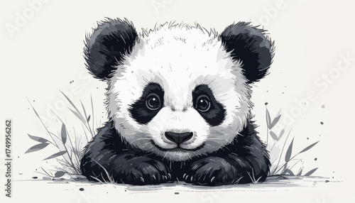 Baby panda cub resting among bamboo leaves